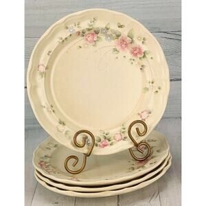 Pfaltzgraff Tea Rose Stoneware 10.25" Cream Green Pink Dinner Plates Set 3 VTG